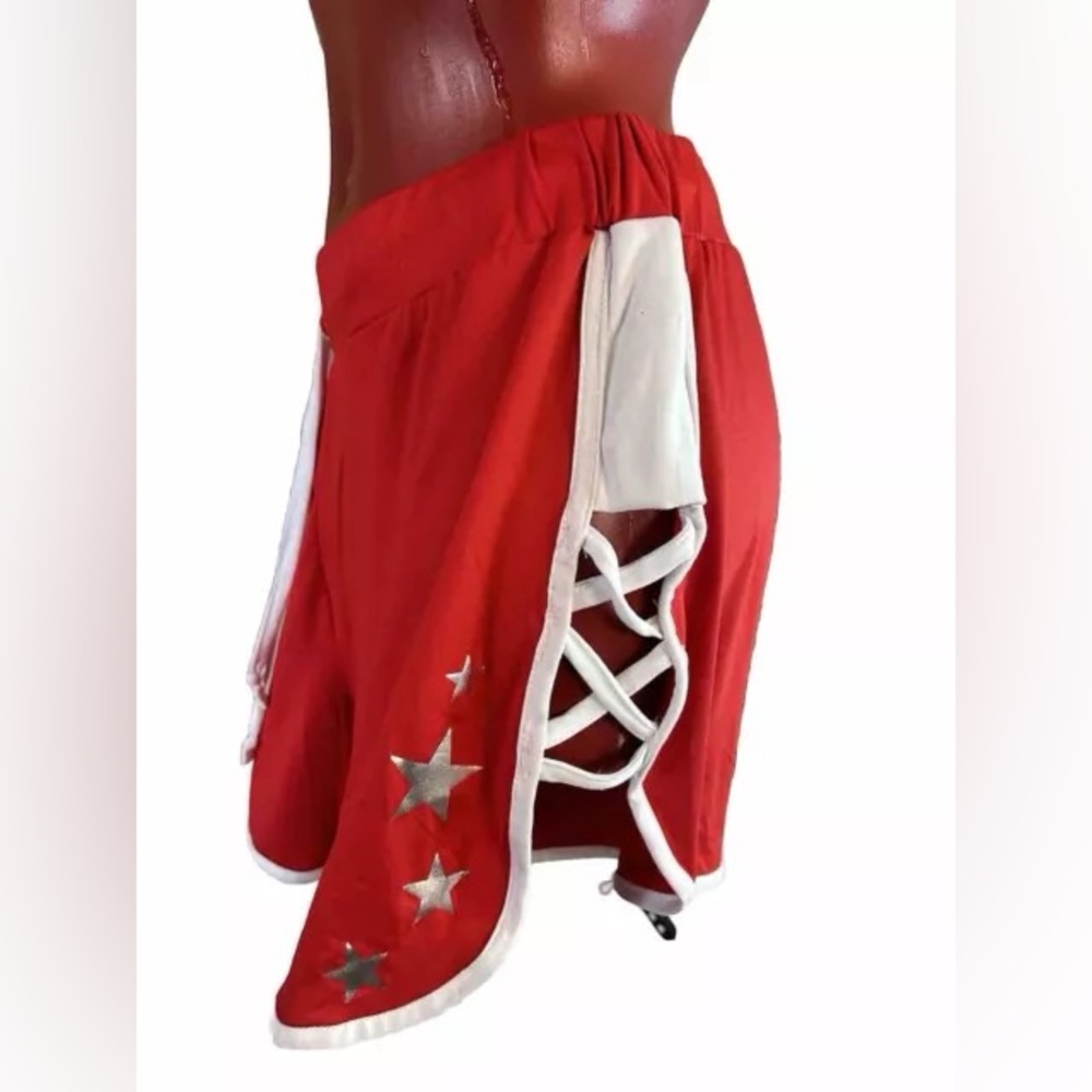 ROUGE COLLECTION PLUS SZ 2X-RED GYM SHORTS -WHITE PIPING LACE UP DETAIL- STARS
